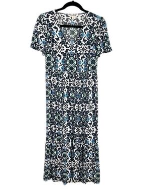 Short Sleeve Maxi Dress in Blue, Black & White Tile Print